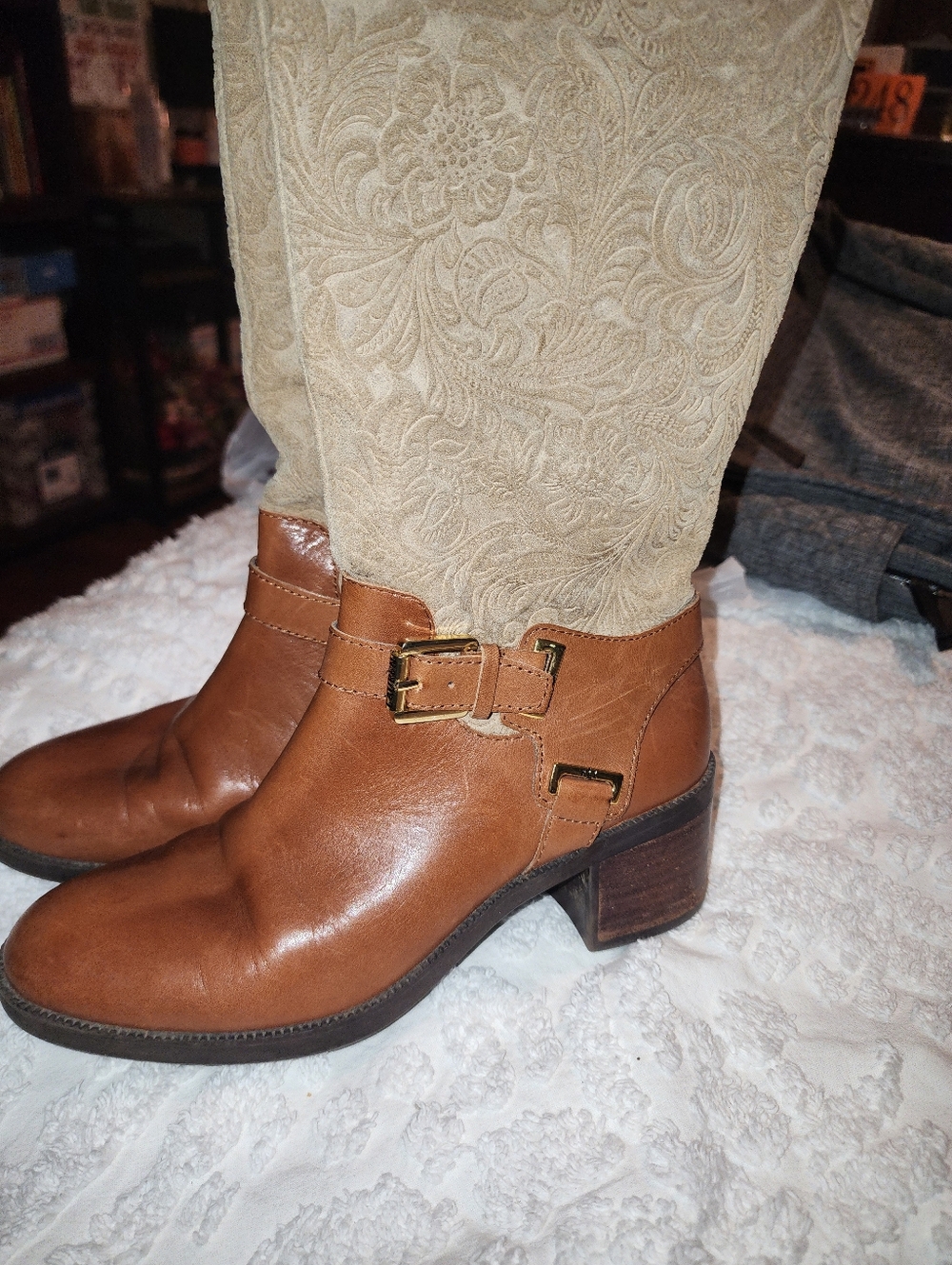 Ralph Lauren Tan Brown Embossed Shaft Leather Heeled Boots - Picture 3 of 7